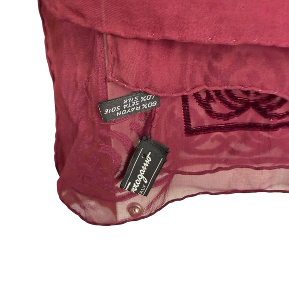 Salvatore Ferragamo Burgundy Sheer Velvet Square Scarf 43” x 47” Silk Blend - Picture 9 of 13